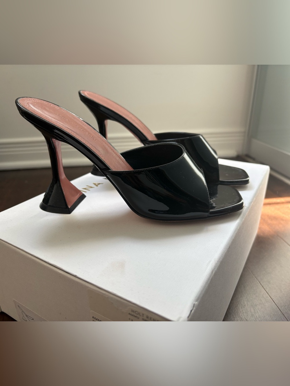 Amina Muaddi Black Patent Open-Toe Mules with Pink Insole